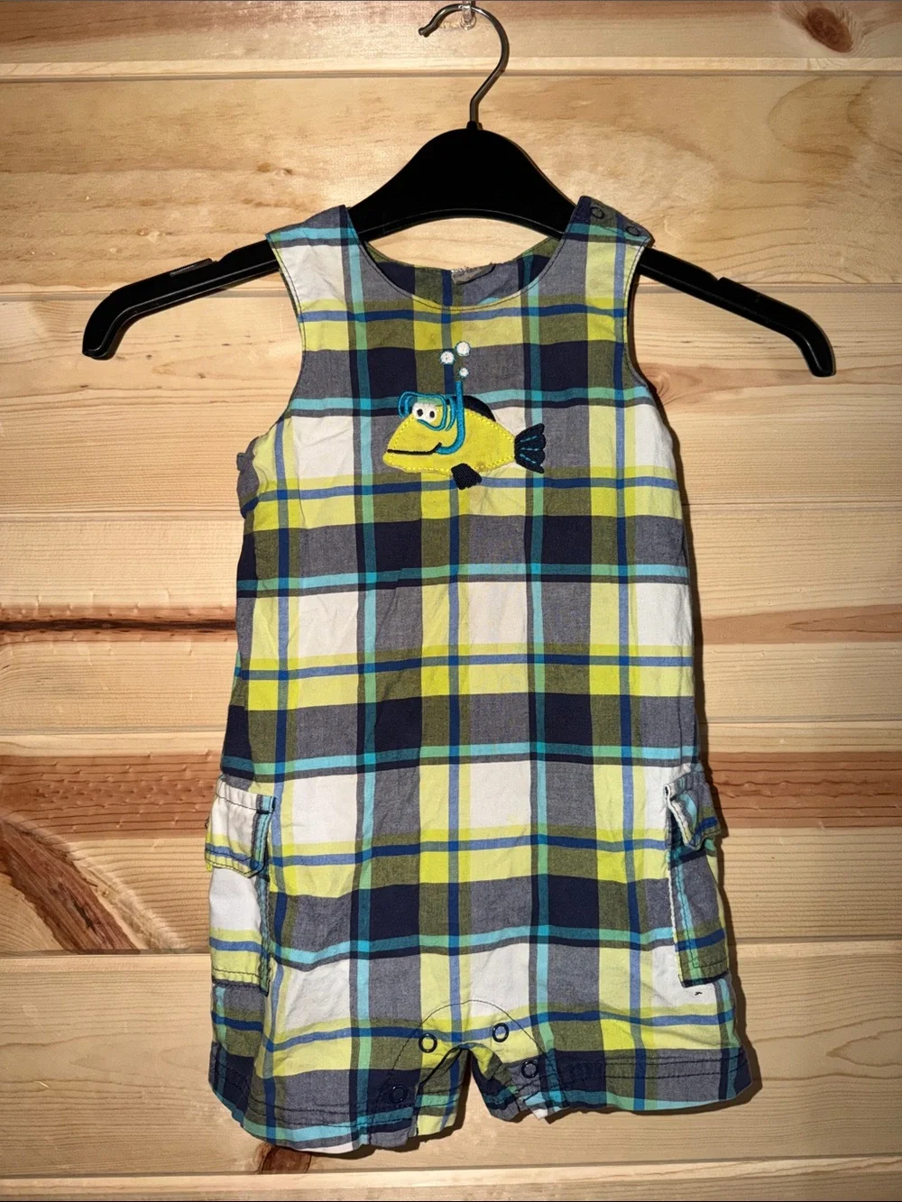 Carter's Navy, Yellow and Teal Plaid Sleeveless Romper with Fish Appliqué